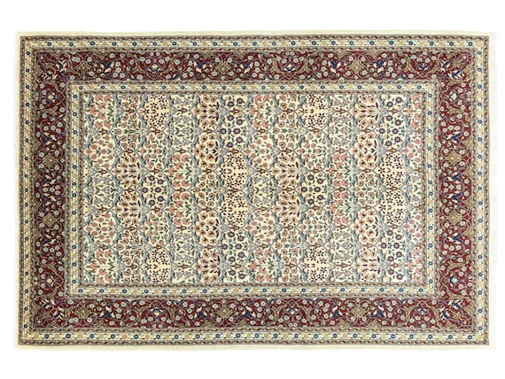 アイボリーの花柄トルコ製ヘレケ絨毯 5.3x7.8cm 手織りウール – 静かで 