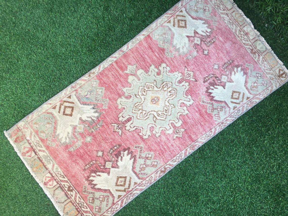 Vintage Turkish Bathroom Rugwool Hand Knotted Pink Green Mini Etsy