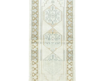 Gedempte Vintage Turkse Oushak Runner, Boho Boerderij 3'7''x10'1'' Handgeknoopt tapijt, rustieke stijl keukenkleed, hal decor tapijt, moeder geschenken