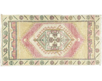 Bathroom Vintage Turkish Oushak Rug 1.7x3 ft Warm Pastel – Dusty Rose Bath Mat Style