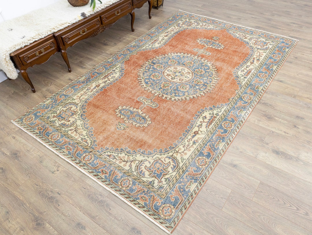 Hand-knotted Turkish Oushak Rug 6.3x10.2 Ft Terracotta Blue