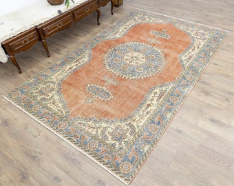 Hand-Knotted Turkish Oushak Rug – Terracotta Blue Medallion – Vintage Classic Style Large Area Carpet 6'3''x10'2''