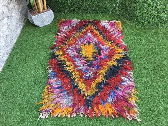 Vintage Handwoven Turkish Shaggy Tulu Rug,Long Piles Angora Wool Tribal Rug,Boho Chic Shag Flooring Rug 3'3"x4'10" Oushak Rug,Fireplace Rug
