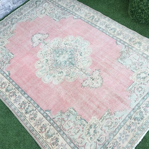 Vintage Turkish Oushak Rug: Handwoven Wool Carpet, Pink & Green 6.7x9.1 ft