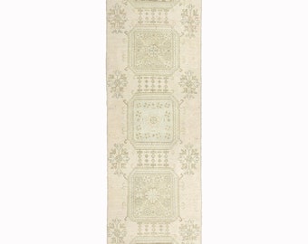 Farmhouse Hallway Runner, Vintage Turkish Rug, Beige Green Bohemian Runner, 2'8''x10'11'' Handmade Runner, Trendy Kitchen Rug, Unique Gift