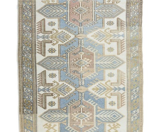Unique Turkish Animal Rug - Handmade Oushak Vintage Rug - 3'4"x5'4" Blue Bohemian Rug - Gift for Him - Entryway Runner - Boho Home Decor