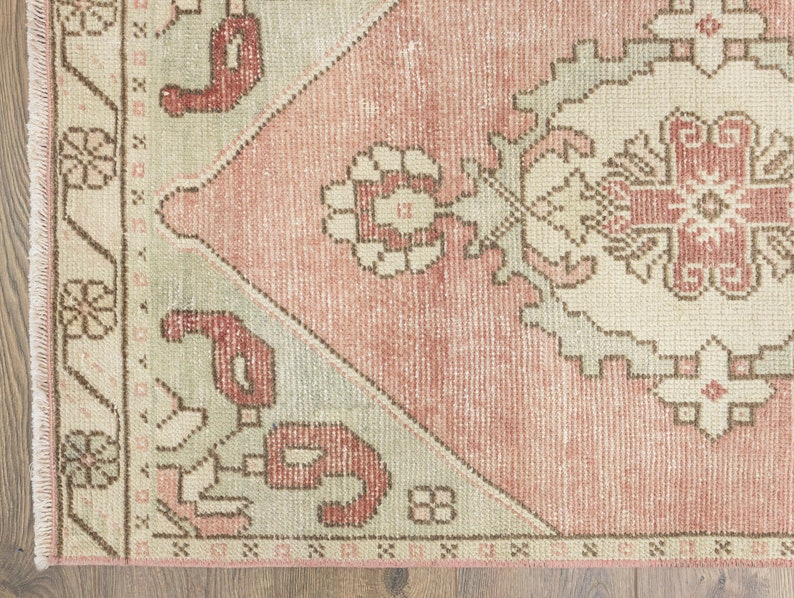 Faded Pink and Green Turkish Tribal Hand Knotted 26x95 Oushak Runner Rug, Vintage Kitchen Decor One Of A Kind Rug, Rustic Farmhouse Rug image 5