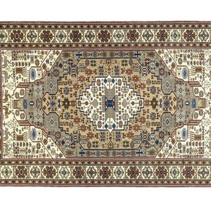 Vintage Anatolian Oushak rug 5.4x8.6 ft in beige and neutral tones with medallion tribal pattern, hand-knotted wool area rug for living room, bedroom, or dining room.