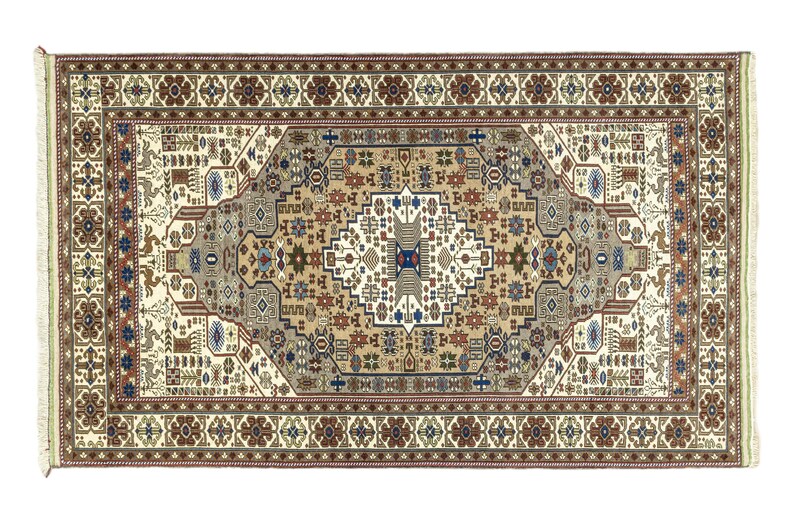 Vintage Anatolian Oushak rug 5.4x8.6 ft in beige and neutral tones with medallion tribal pattern, hand-knotted wool area rug for living room, bedroom, or dining room.