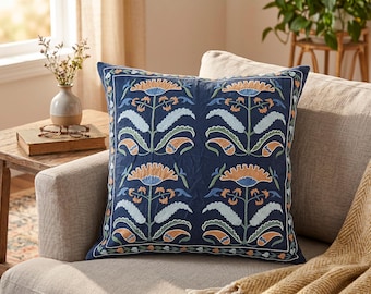 Botanical Pillow Cover 20x20 Silk Suzani – Navy Heritage Textile