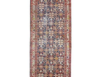 Vintage Caucasian Runner 3.5x11.9 Persian Style Hand-Knotted Wool Navy Red Hallway