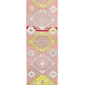Vintage Turkish Oushak kitchen runner rug 2x6 ft in pink, gold, and ivory geometric pattern, hand knotted wool rug for hallway, kitchen, or bedside use.