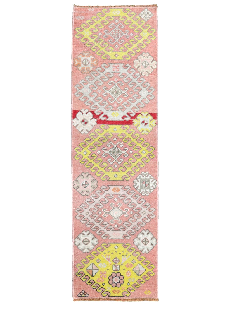 Vintage Turkish Oushak kitchen runner rug 2x6 ft in pink, gold, and ivory geometric pattern, hand knotted wool rug for hallway, kitchen, or bedside use.