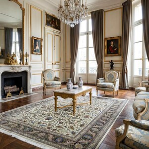 May include: An elegant living room with ornate furniture, including a sofa, chairs, and a coffee table. The room features a large patterned rug, a fireplace, and framed artwork. The walls are cream-colored with gold trim, and large windows are draped with brown curtains.