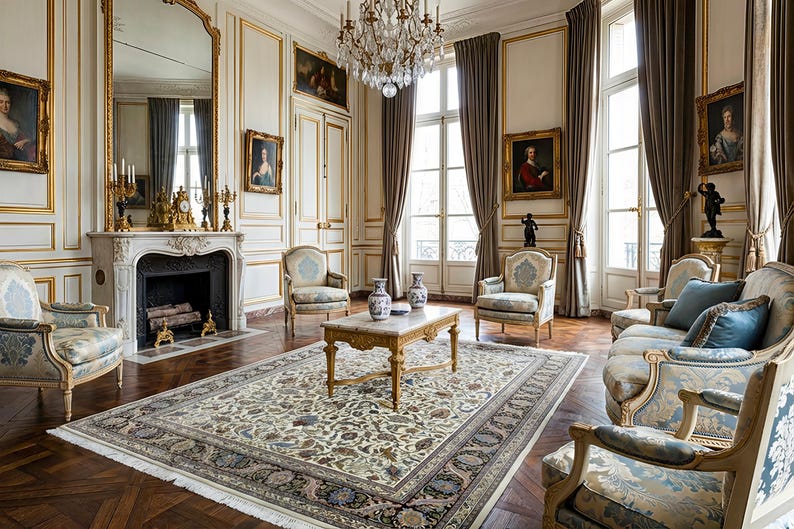 May include: An elegant living room with ornate furniture, including a sofa, chairs, and a coffee table. The room features a large patterned rug, a fireplace, and framed artwork. The walls are cream-colored with gold trim, and large windows are draped with brown curtains.