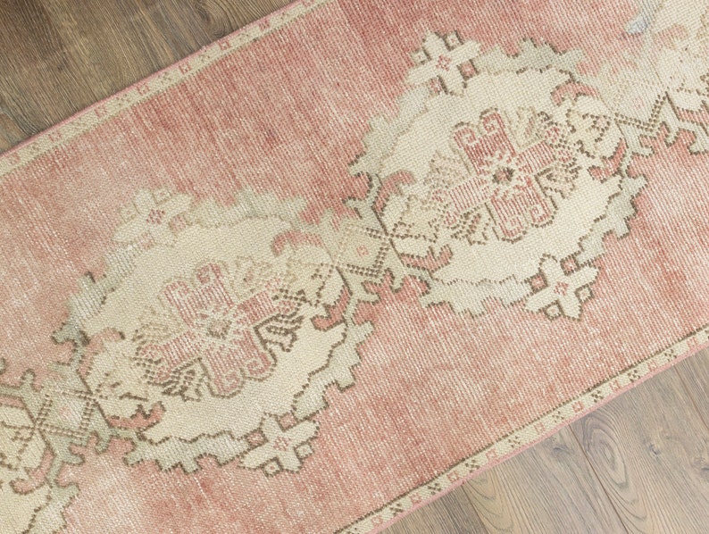 Faded Pink and Green Turkish Tribal Hand Knotted 26x95 Oushak Runner Rug, Vintage Kitchen Decor One Of A Kind Rug, Rustic Farmhouse Rug image 6