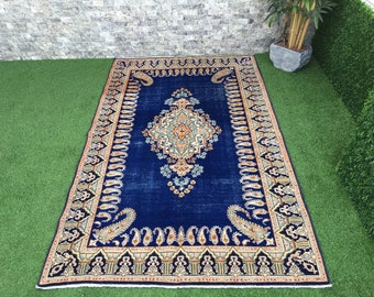 Persian Style Rug Hand-Knotted Turkish Oriental 4.10x8.2 ft – Blue Medallion Wool