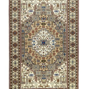 May include: A traditional rug with a cream background and intricate geometric patterns in shades of brown, red, blue, and green. The rug has a central medallion with a floral design and a border with repeating motifs.