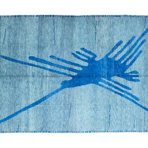 New Oversized Turkish Oushak Rug 9’4”x14’7” – Handwoven Organic Wool – Blue Gray Abstract Design – Modern Minimalist Statement Piece – Gift