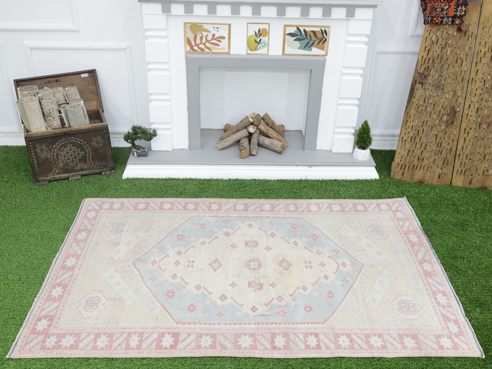 Vintage Turkish Bathroom Rug/ Modern Traditional Neutral Blue Etsy