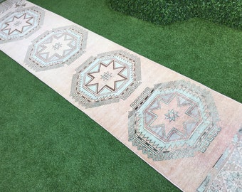 Hand Knotted Anatolian Oushak Wool Runner Rug: Distressed Turkish Hallway Rug (2'9"x12'8")