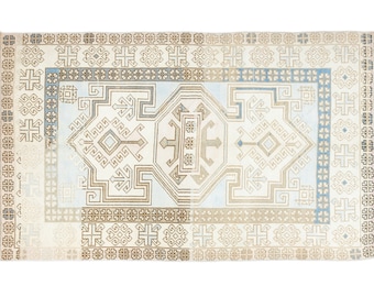 Caucasian Style Turkish Rug - Vintage Oushak - Tribal Medallion Pattern in muted blue - Hand Knotted 4.6x7.2 ft Carpet - Large Entry Runner