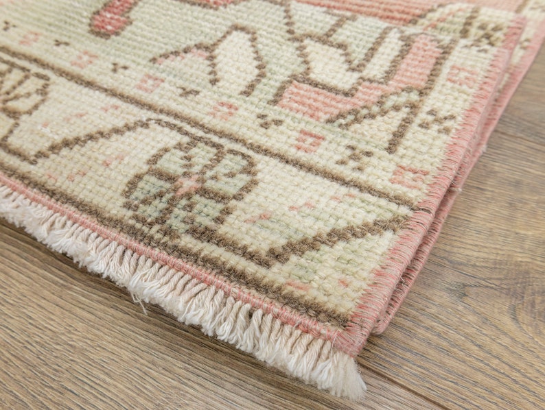 Faded Pink and Green Turkish Tribal Hand Knotted 26x95 Oushak Runner Rug, Vintage Kitchen Decor One Of A Kind Rug, Rustic Farmhouse Rug image 8