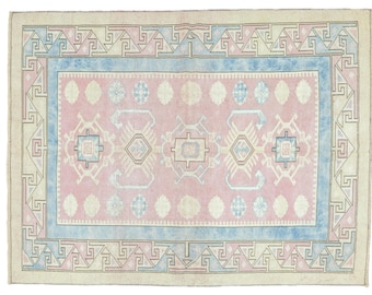 Modern boho chic rug - Vintage Oushak style in pink and blue - Turkish hand-knotted 5&#39;4&quot;x6&#39;10&quot; carpet - Perfect for nursery - Home decor