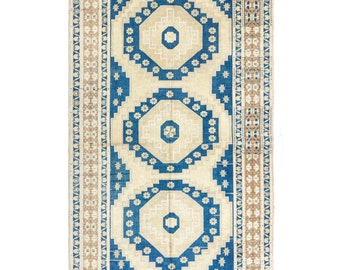 Entryway Runner 5x10.5 Vintage Turkish Oushak - Cream Blue Organic Modern