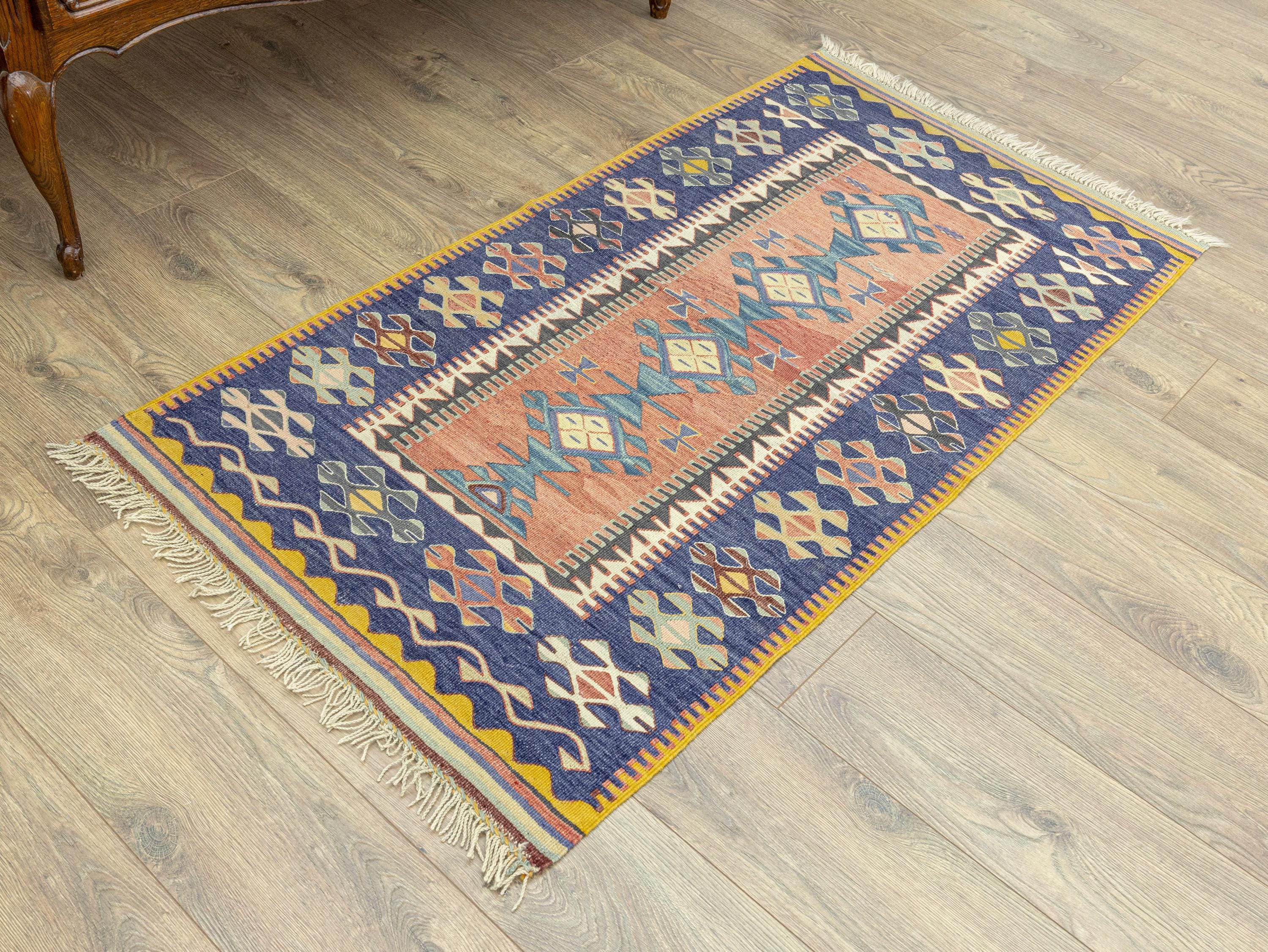 トルコ キリム青緑 茶色 大判 トルコ ヴァン アンティークキリム 155cm×300cm ラグ・マット