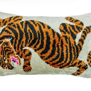 Handmade Uzbek silk velvet ikat tiger lumbar pillow 16x24 in orange black and ivory with bold animal design for sofa or bed