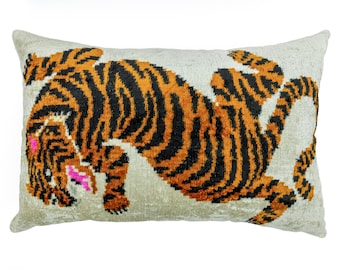 Uzbek Silk Velvet Lumbar Pillow 16x24 Handmade Ikat Tiger Luxury Decor
