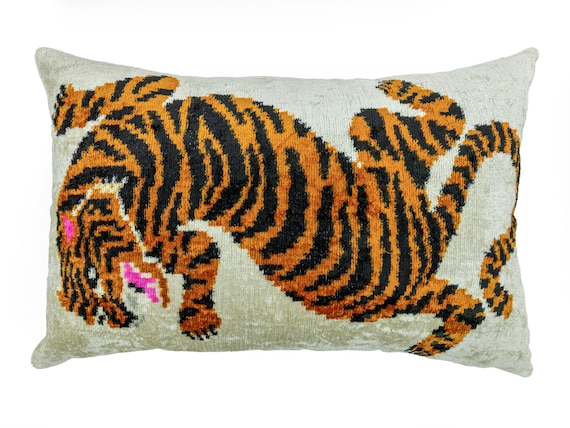 Uzbek Silk Velvet Lumbar Pillow 16x24 Handmade Ikat Tiger Luxury Decor
