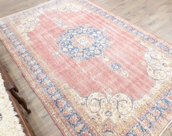 Large Distressed Oushak Rug 6.8x10.8 ft – Hand-Knotted Turkish for Shabby Chic Decor