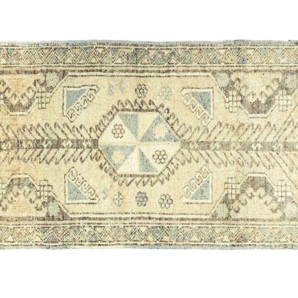 Kleine türkische Fußmatte 5 x 1,3 m - Faded Taupe & Himmelblau - Handgewebter Wollteppich - Küsten Badezimmer, rustikale Küchen Deko - Einweihungsgeschenk