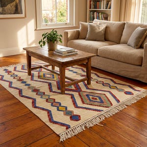Può includere: Un tappeto rettangolare con base color crema caratterizzato da un motivo geometrico ripetitivo di rombi e zig-zag nelle tonalità del rosso, blu, verde e giallo. Il tappeto è rifinito con corte frange color bianco sporco sui due lati corti.