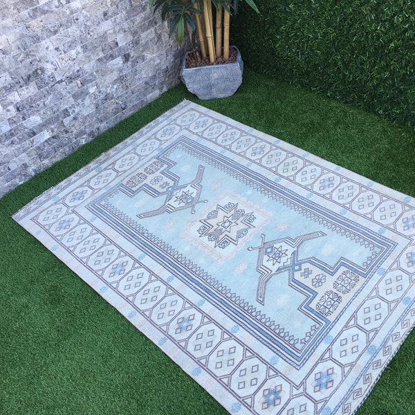 4x6 OUHAK RUG,Handmade Turkish Neutral Rug,Unique Medallion Vintage Small Rug,Oushak Teal Rug 3’11”x5’7” Bathroom Rug,Area Rug,Outdoor Rug