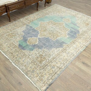 vintage turkish oushak rug 7.2x10.3 ft – aqua blue beige wool low pile handmade medallion carpet for coastal japandi living room