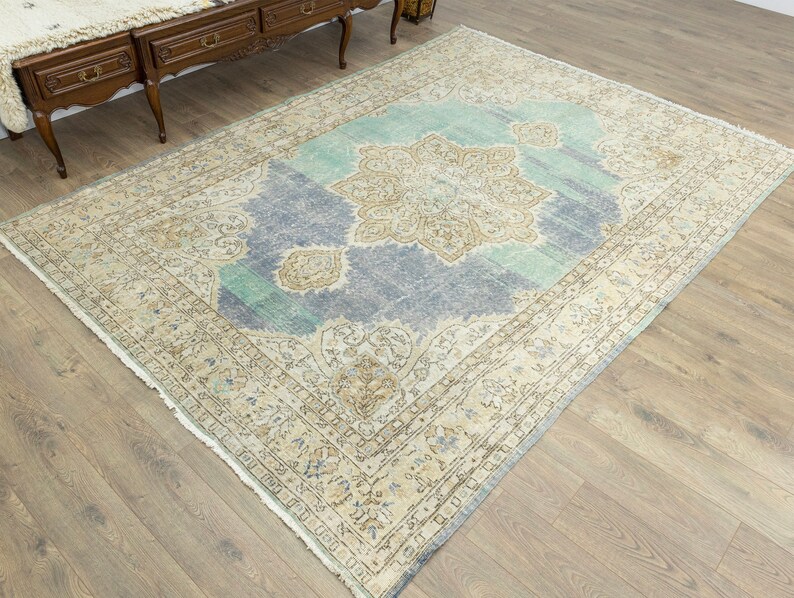 vintage turkish oushak rug 7.2x10.3 ft – aqua blue beige wool low pile handmade medallion carpet for coastal japandi living room
