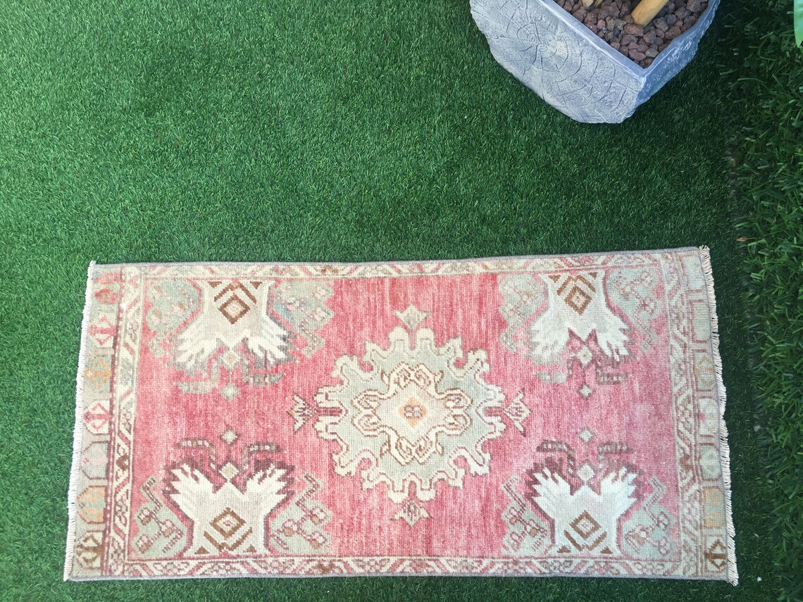 Vintage Turkish Bathroom Rugwool Hand Knotted Pink Green Mini Etsy
