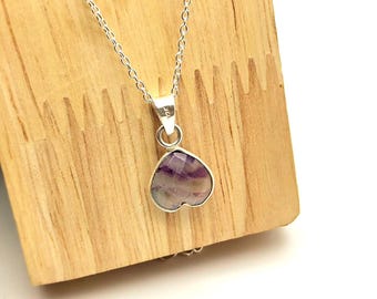 Colgante de corazón de fluorita, collar de plata de ley 925, joyería de fluorita natural, cristal curativo
