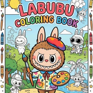 May include: A colorful children's coloring book titled "LABUBU COLORING BOOK" with a cartoon illustration. The cover features a smiling, furry character holding a paintbrush and palette, surrounded by other cartoon characters and the text "50 FUN PAGES!"