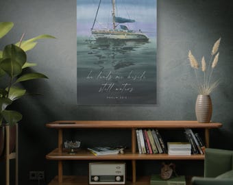 Psalm 23:2 Sailboat Painting, Watercolor Canvas, Nautical Coastal Wall Art