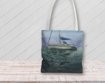 Bolsa de mano, acuarela de velero, Salmo 23 / Arte cristiano náutico