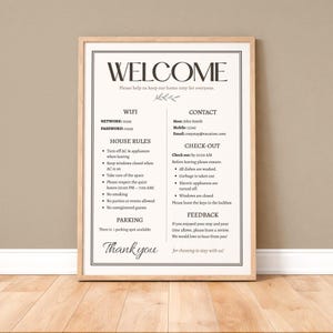 May include: A framed welcome sign for a vacation rental with black text on a white background. The sign includes sections for WiFi, contact information, house rules, check-out instructions, parking, and feedback, all enclosed in a light wood frame.