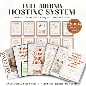 Könnte beinhalten: Eine Sammlung von druckbaren Schildern und Anleitungen für Airbnb-Gastgeber. Die Schilder umfassen "Willkommen", "Hausregeln" und "WLAN". Die Anleitungen behandeln Themen wie Gästebotschaften und Checklisten. Der Text lautet "Full Airbnb Hosting System."