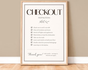 Pode incluir: Um cartaz emoldurado com fundo claro e texto preto intitulado CHECKOUT instructions. Lista oito tarefas com marcas de verificação, incluindo hora de check-out, fechar janelas e portas, apagar luzes, lavar louça, lixo, toalhas, pertences e chaves.