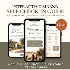 Guida mobile per il self check-in di Airbnb e libro di benvenuto stampabile / Modello di arrivo per gli ospiti modificabile in Canva / Check-in senza stress per gli ospiti