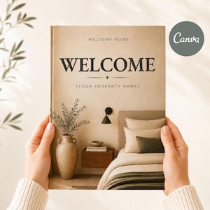Mall för Airbnb-välkomstbok | Redigerbar Canvas-husmanual | Gästguide för semesterbostäder | Medelhavs-olivfärgad stil | Bonus välkomstskylt