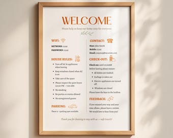 Letrero de bienvenida de Airbnb imprimible / Información para huéspedes de alquiler vacacional / PDF editable de Canva